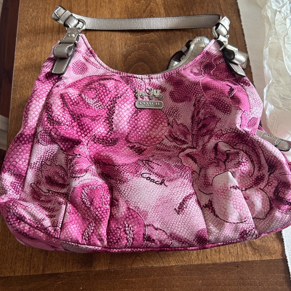 Coach Pink Floral Shoulder Bag with Silver Accents